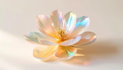 Obraz premium Single bloom with layered semi-transparent petals shimmering in chromatic refractions across a matte ivory base.