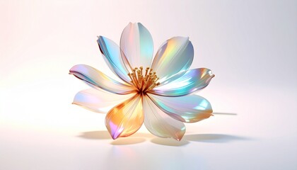 Fototapeta premium Single bloom with layered semi-transparent petals shimmering in chromatic refractions across a matte ivory base.