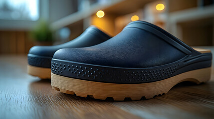 Closeup Product Shot of Stylish Navy Blue and Beige Clogs on Wooden Floor