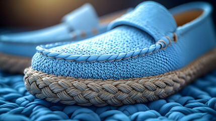 3D Render of Blue Knitted Loafers with Braided Rope Sole on Textured Fabric Background