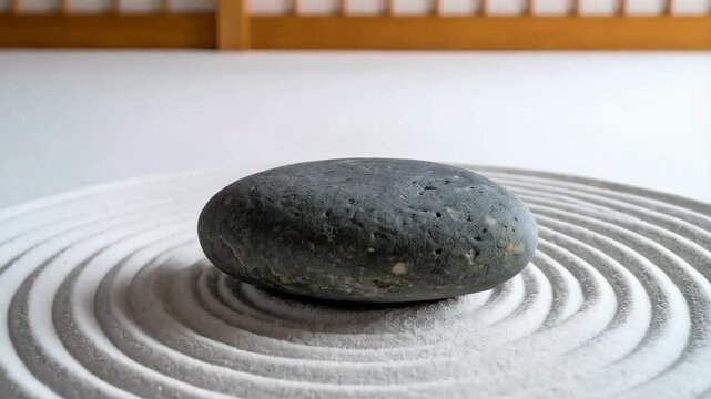 Smooth grey stone in circular patterns raked in white sand creating a peaceful and meditative Zen garden setting