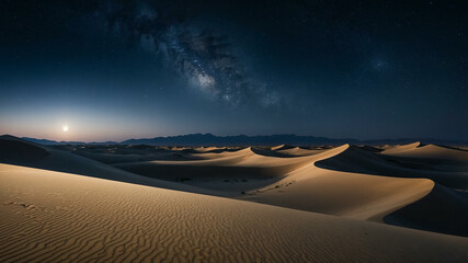 Naklejka premium Surreal Night Desert Landscape with Sand Dunes, Starry Sky, and Full Moon