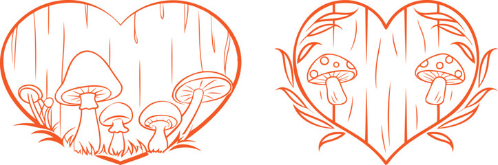 Set of Red Forest Mushrooms Heart Vintage Line Art Vector Design | Botanical Fungi Illustration