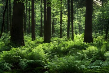 Obraz premium Serene forest scenery showcasing vibrant green ferns and towering trees bathed in gentle sunlight creating a natural environment