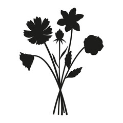 Wildflowers silhouette bouquet. Hand-drawn cosmea, pansy, meadow flowers, herbs, and wild plants. Botanical elements for design projects. Minimal style, vector illustration