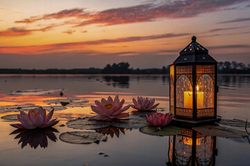 Fototapeta premium Illuminated lantern gliding over a quiet festive pond