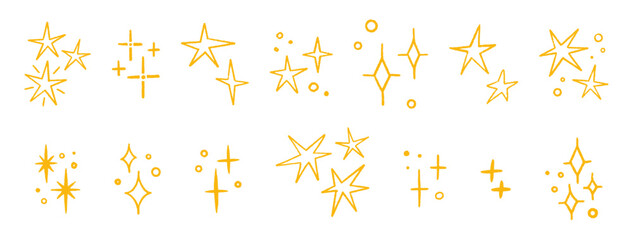 Stars drawn crayon set. Magic yellow twinkle icons, line and silhouette. Kid style. Shine, spark or light, chalk elements on white bg. Sketch glitter doodle sparkles. Vector illustration