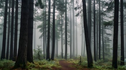 Fototapeta premium Misty Pine Forest in Morning Light