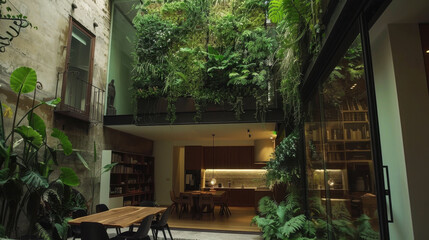 Fototapeta premium Tiny urban yard features full height green wall, showcasing lush greenery and modern design. space is inviting and serene, perfect for relaxation and gatherings