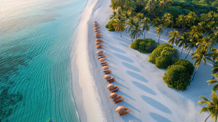 Aerial view of tropical beach featuring rows of orange umbrellas along pristine shoreline, surrounded by lush green palm trees and clear turquoise waters, evoking serene and relaxing atmosphere