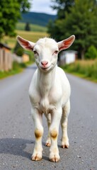 Obraz premium Young goat walking confidently on a rural road in the countryside 
