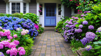 Fototapeta premium Beautiful traditional home with charming front garden filled with vibrant hydrangeas in shades of blue, pink, and purple, leading to welcoming blue door. lush greenery adds to serene atmosphere