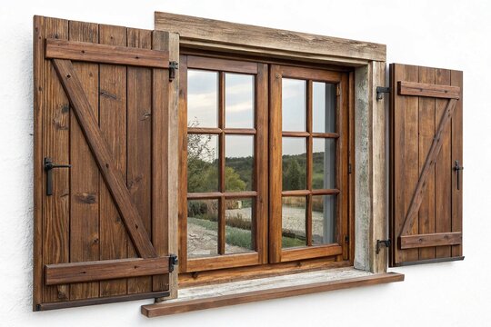 Une fen&ecirc;tre en bois brun rustique avec des volets l&eacute;g&egrave;rement ouverts montrant plusieurs vitres id&eacute;ales pour les projets de r&eacute;novation de la maison ou l'inspiration de conception on white background