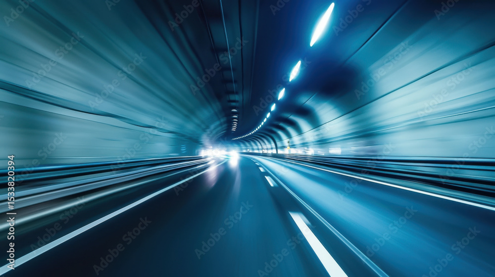 Poster dynamic view of tunnel with moving lights creates sense of speed and motion, emphasizing journey thr