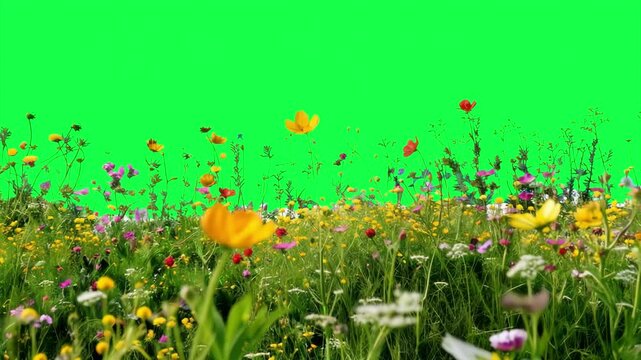 Vibrant wildflowers animation, transparent 4K video, green screen