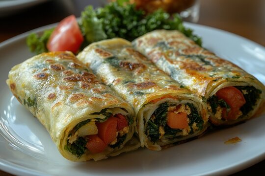 Three spinach and vegetable wraps on a plate