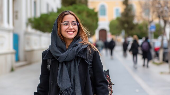 A confident student smiling while walking through a familiar foreign street, fully adapted and at ease with the culture