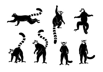 Ring-tailed lemur silhouettes, simple, black, and white
