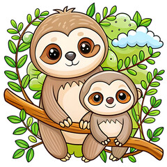 Obraz premium Mother Sloth and Baby Sloth on Branch: Cute Cartoon Illustration