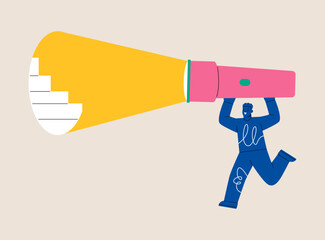 Man holding a flashlight reveal the path. Colorful vector illustration