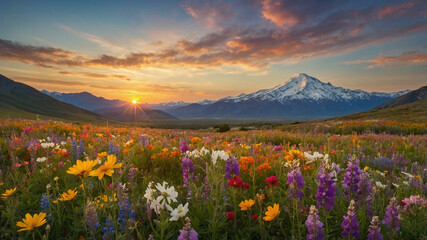 Colorful Wildflower Field with Snow-Capped Mountains at Sunset