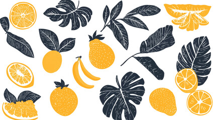 Tropical leaves and tropical fruits element vector on transparent background, design linocut style illustration