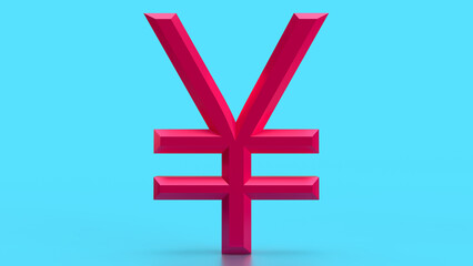 A bold, 3D rendered red Yen/Yuan currency symbol 3d render stands prominently against a clean, light blue background. Represents finance, currency, and global economics.
