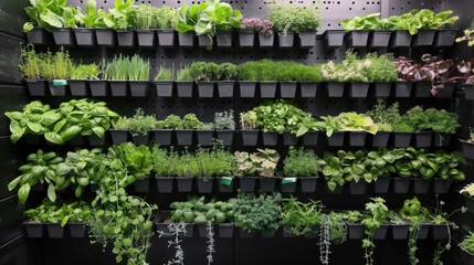 Vertical shelf garden filled with rows of potted herbs and leafy greens showcases vibrant array of plants, creating lush and inviting atmosphere for gardening enthusiasts