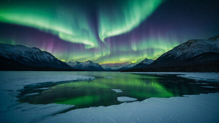 Aurora Borealis Over Frozen Lake and Snowy Mountains in Winter Night