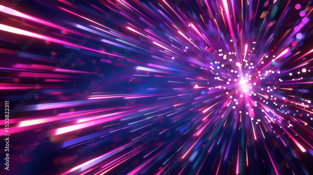 Poster vibrant color explosion radiating outward with sharp lines and glowing particles, creating dynamic a