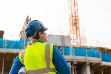 Female construction worker checks plans on site while managing project progress in urban setting