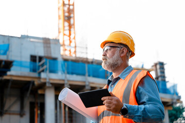 Construction supervisor directing workers and monitoring site progress at an urban building project with cranes and scaffolding