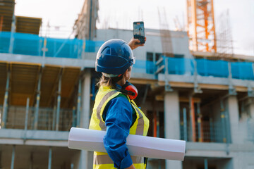 Female construction worker checks plans on site while managing project progress in urban setting