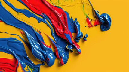 Vivid color blocks of blue, red, and yellow paint blend together abstract design, creating dynamic and energetic visual effect. smooth texture and flowing shapes evoke creativity and artistic