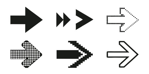 Collection of six different arrow designs pointing right with various styles and black and white colors
