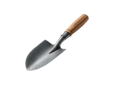 Vintage garden trowel with wooden handle isolated on black background, Isolated On Transparent Background