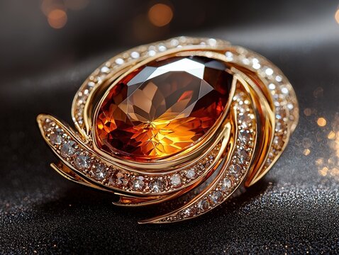Jewelry with gemstones modern brooch with False Topaz on a dark brown background