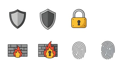 Cybersecurity Icons Shields, Locks, Firewalls, Fingerprints – Flat Design