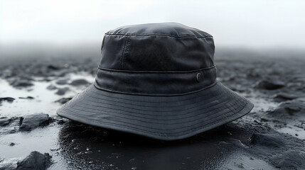 3D Render of Black Bucket Hat on Dark Wet Ground - Minimalist Fashion Illustration