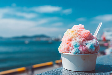 海の見えるカフェで食べるカキ氷