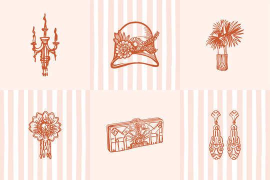 Modern digital illustration-aesthetic,whimsical linear composition of story images,stylized for the era of the twenties of the last century in soft colors. Ideal for wedding,birthday,presentation