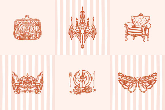 Modern digital illustration-aesthetic,whimsical linear composition of story images,stylized for the era of the twenties of the last century in soft colors. Ideal for wedding,birthday,presentation