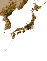Colored terrain map of Northeast Asia (Japanese archipelago, korean peninsula, Sea of Japan, EQDC projection)