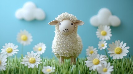 Cute sheep figurine in a daisy field.