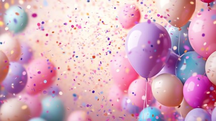 Colorful balloons and confetti fill the air, creating a festive and celebratory atmosphere.