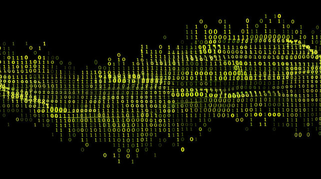 Waves of binary code create abstract tech design, showcasing dynamic flow of digital information. This evokes sense of innovation and technology in modern context