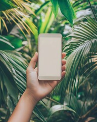 Smartphone Mockup Held by Hand in Lush Tropical Jungle with Palm Leaves