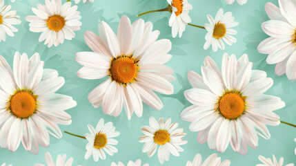 Fototapeta premium Whimsical daisy pattern in pastel green tones creates cheerful and vibrant atmosphere, perfect for adding touch of nature beauty to any design