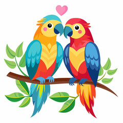 Colorful parrots perched on branch expressing love and affection design
