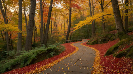 Winding Autumn Forest Path with Vibrant Fall Foliage